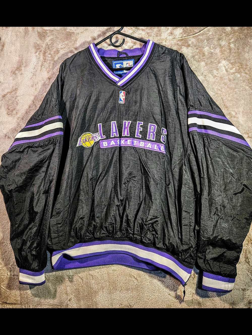 Vintage -90's LAKERS STARTER Warm up Jacket • Black / Purple Nylon NBA - Basketb